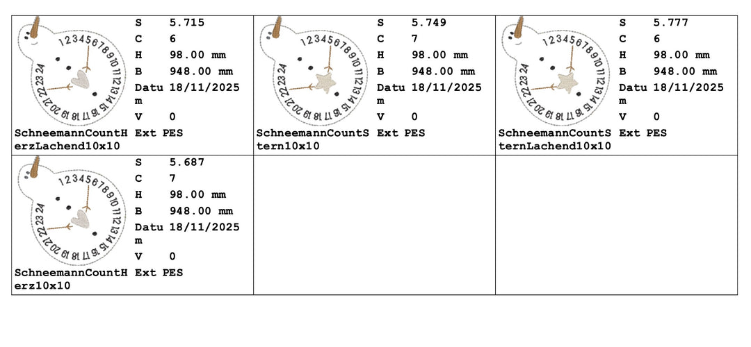 Stickdatei ITH Schneemann Countdown