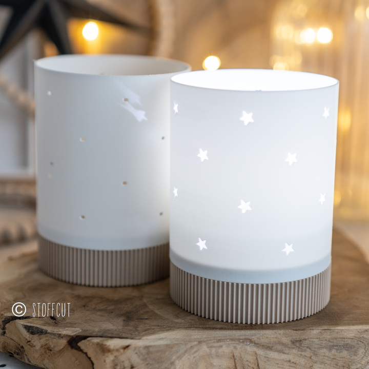 STL und 3MF Druckdatei 3D, Teelicht mit Sockel, LED, Windlicht, Stern- und Lochmuster, inkl. Mini-Gewerbelizenz