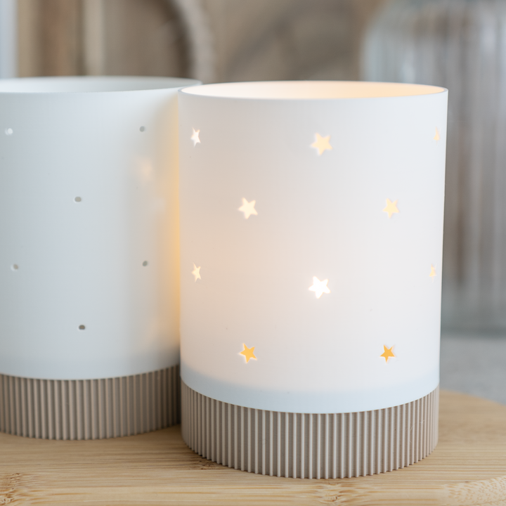 STL und 3MF Druckdatei 3D, Teelicht mit Sockel, LED, Windlicht, Stern- und Lochmuster, inkl. Mini-Gewerbelizenz