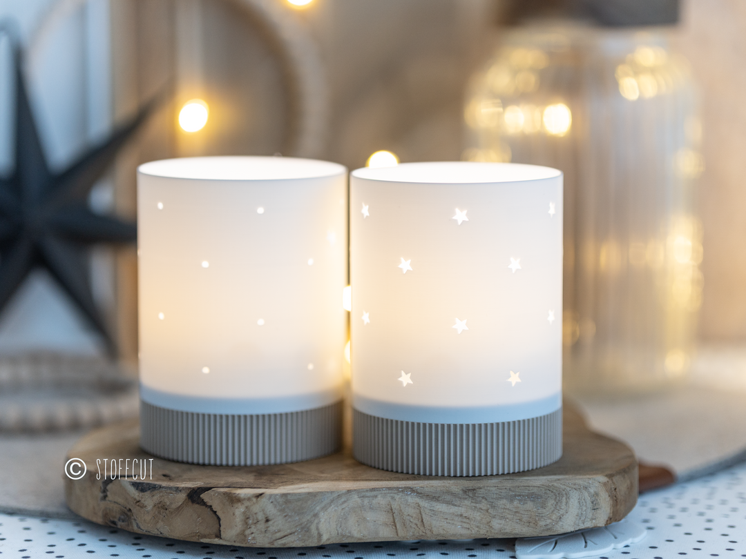 STL und 3MF Druckdatei 3D, Teelicht mit Sockel, LED, Windlicht, Stern- und Lochmuster, inkl. Mini-Gewerbelizenz
