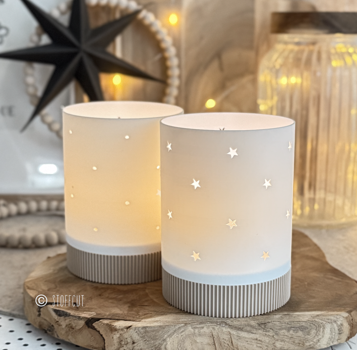 STL und 3MF Druckdatei 3D, Teelicht mit Sockel, LED, Windlicht, Stern- und Lochmuster, inkl. Mini-Gewerbelizenz