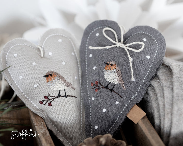 ITH Stickdatei Herz Rotkehlchen 10x10 (4"x4"), Anhänger, Wintermotiv, Herbstmotiv