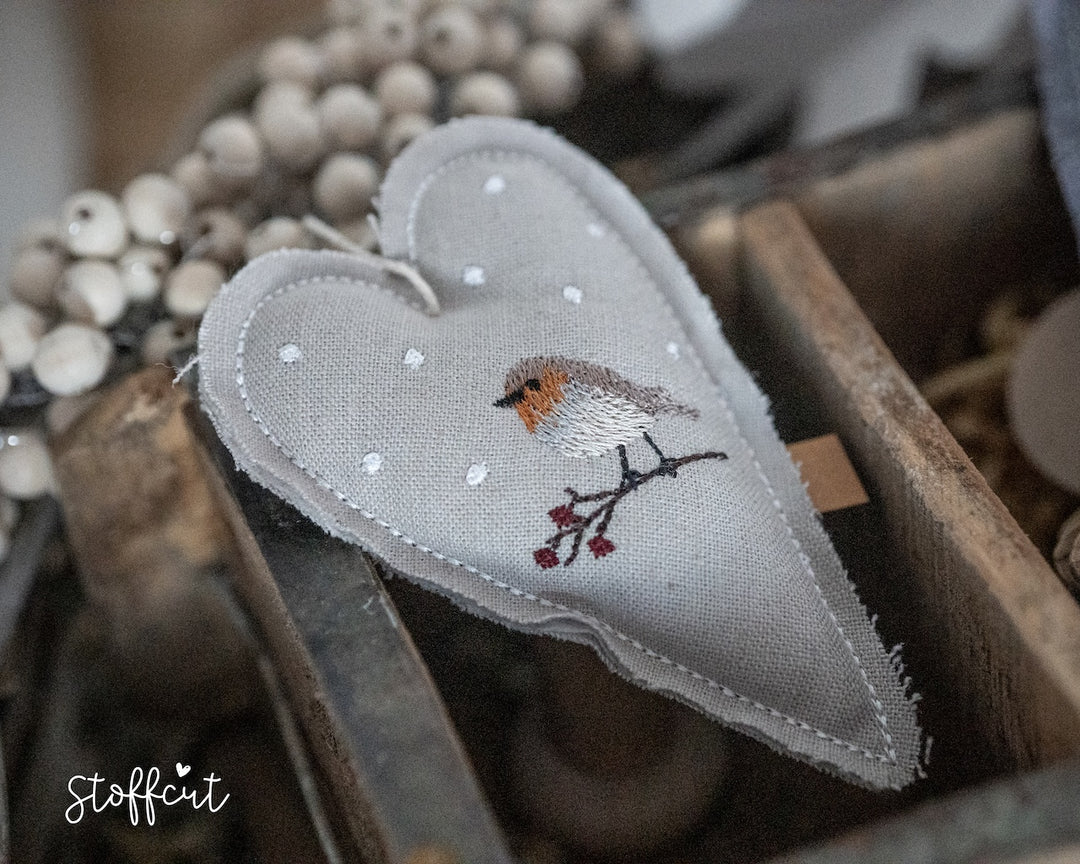 ITH Stickdatei Herz Rotkehlchen 10x10 (4"x4"), Anhänger, Wintermotiv, Herbstmotiv