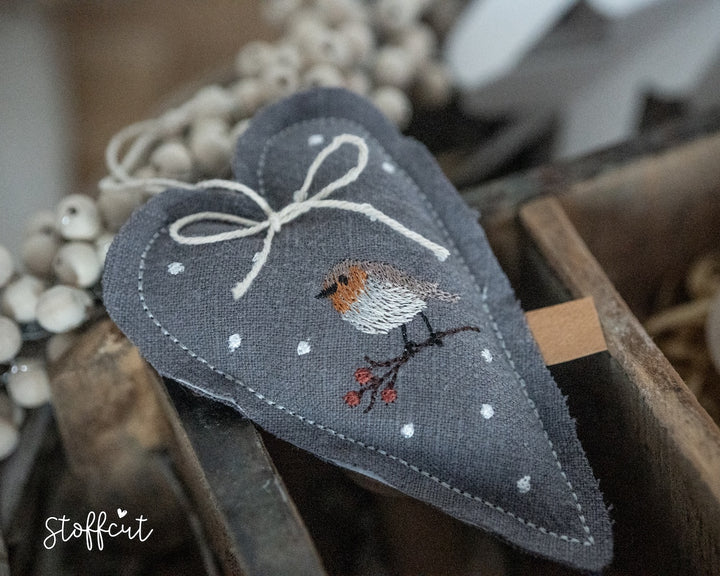 ITH Stickdatei Herz Rotkehlchen 10x10 (4"x4"), Anhänger, Wintermotiv, Herbstmotiv