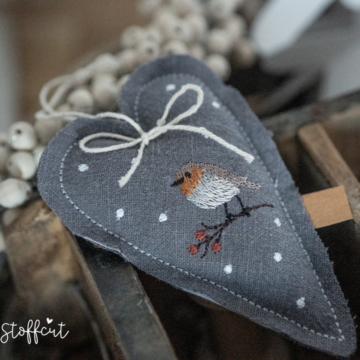 ITH Stickdatei Herz Rotkehlchen 10x10 (4"x4"), Anhänger, Wintermotiv, Herbstmotiv