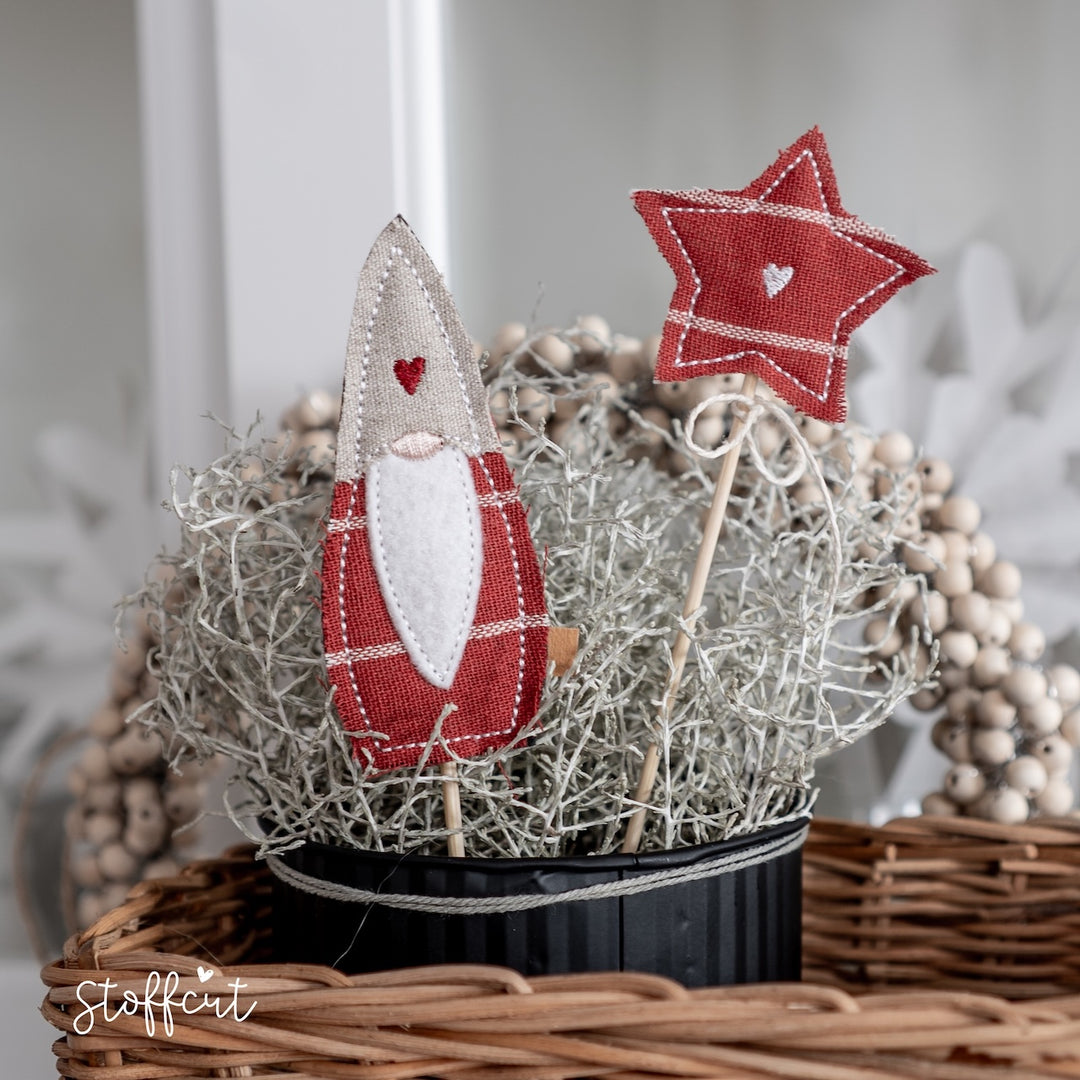 Stickdatei ITH Wichtel Girlande und Blumenstecker