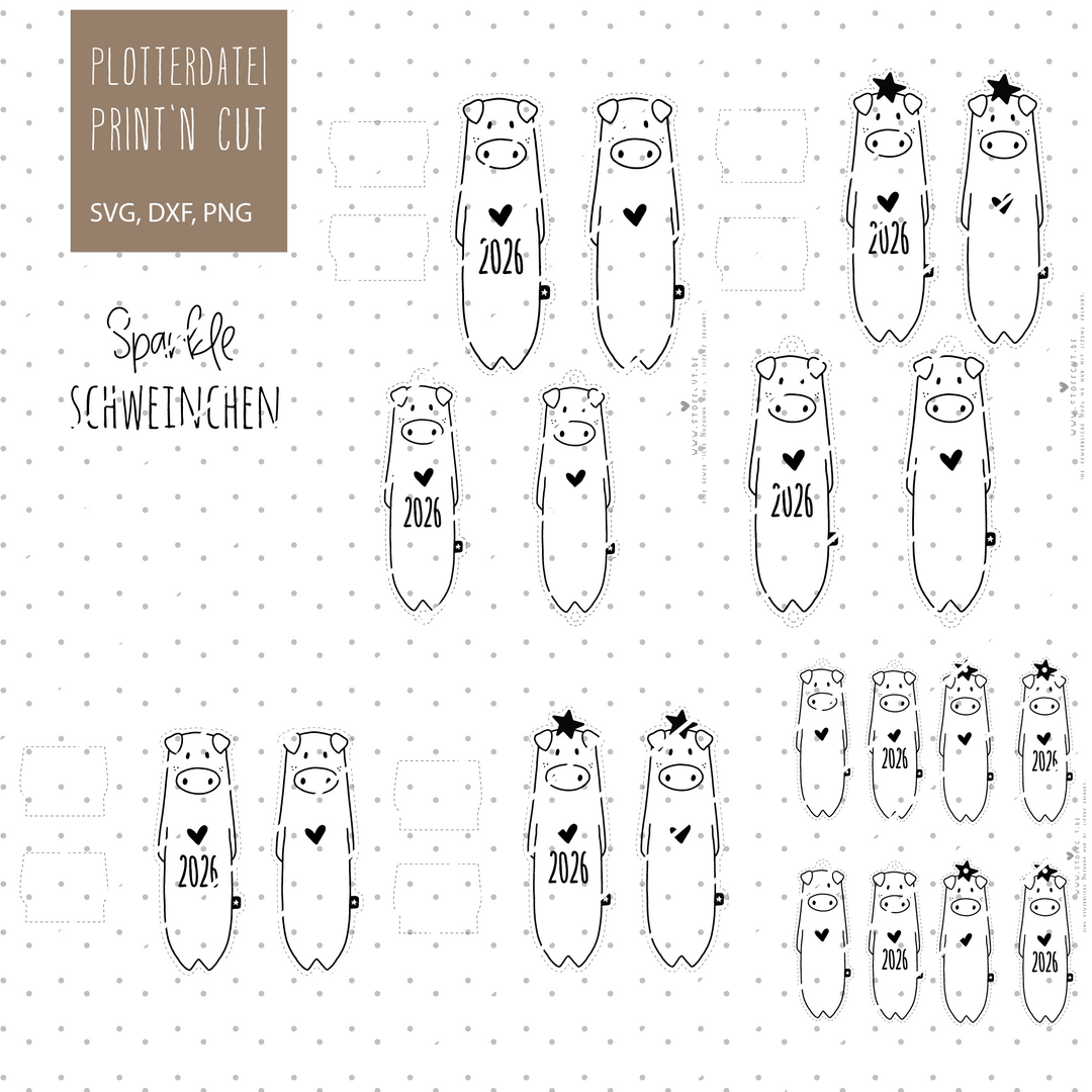 Plotterdatei Print and Cut Sparkle Schweinchen 2026 SVG, DXF, PNG