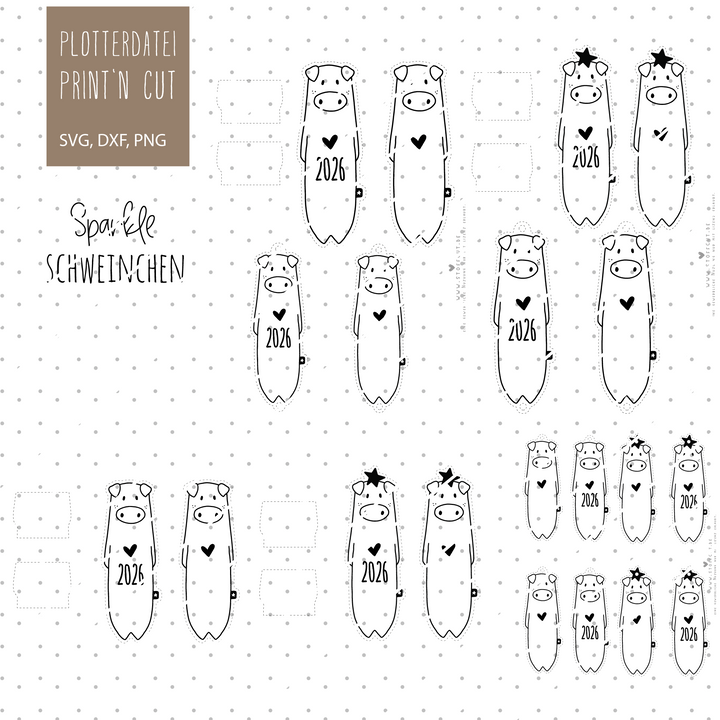 Plotterdatei Print and Cut Sparkle Schweinchen 2026 SVG, DXF, PNG